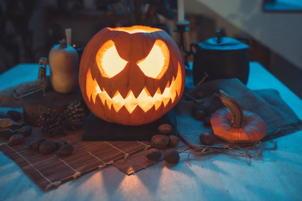 Scary Halloween Pumpkin Dark Background Colorful Lights Halloween Theme Scary — Stock Photo, Image