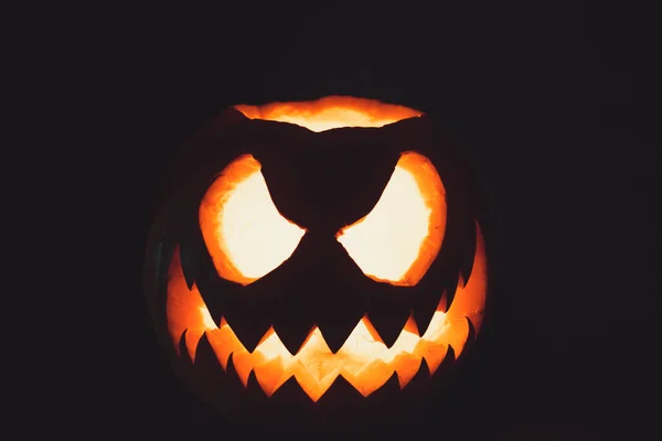 Halloween Pumpkin Face Candle Lit Black Background Spooky Face — Stock Photo, Image