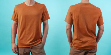 Mavi arkaplanda dizayn baskısı için turuncu bir tişörtün ön ve arka görünümü.