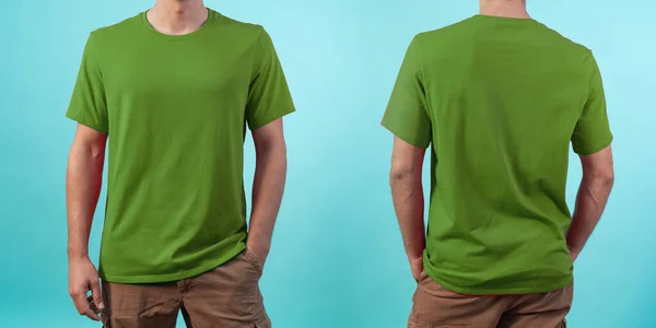 Vista Frontal Trasera Una Maqueta Camiseta Verde Para Impresión Diseño —  Fotos de Stock