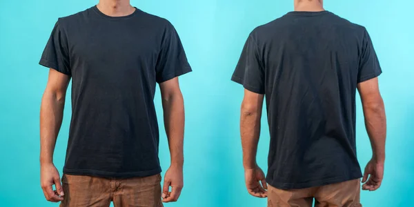Front and back view of a black t-shirt mockup for design print on blue background.