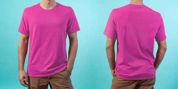 Vista Frontal Trasera Una Maqueta Camiseta Rosa Para Impresión Diseño —  Fotos de Stock