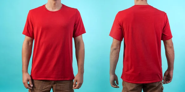 Front and back view of a red t-shirt mockup for design print on blue background.