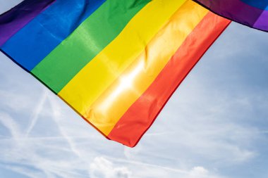 Gökkuşağı bayrağı (LGBT hareketi) güneşli mavi gökyüzü arka planında. Renkli gay bayrağı dalgalanıyor.