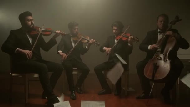 Kuartet string memainkan musik klasik, catatan jatuh dari udara — Stok Video