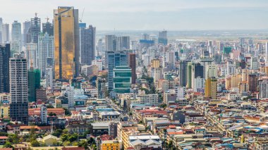 Modern office downtown skyscrapers buildings with residential areas in rapidly developing Phnom Penh central business district panorama, Cambodia