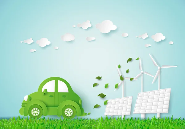 Eco car en el campo — Vector de stock