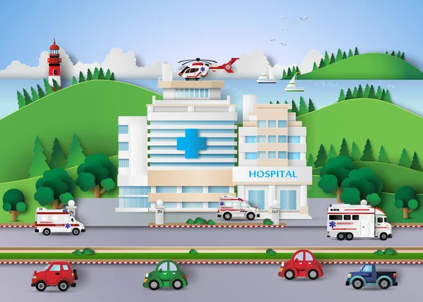 医院建筑和车辆 — 图库矢量图片