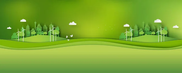 Ilustración Ecología Medio Ambiente Con Ciudad Verde Arte Papel Artesanía — Vector de stock