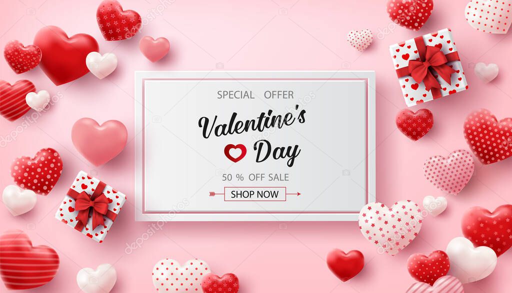 Happy Valentine's Day sale banner with hearts balloons.Vector illustration