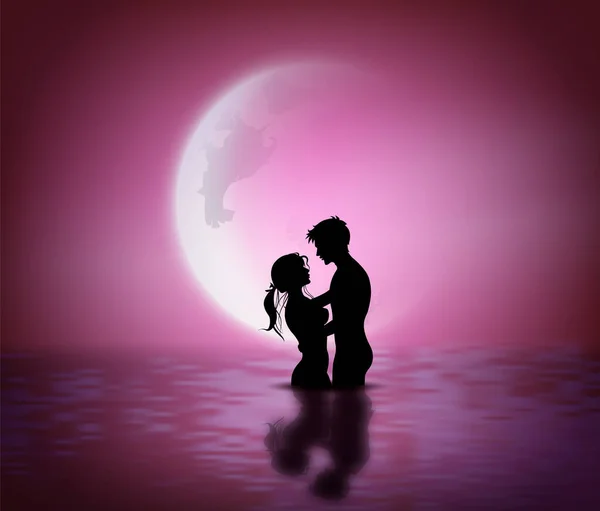 Illustration Amour Saint Valentin Avec Silhouette Couple Demi Lune — Image vectorielle