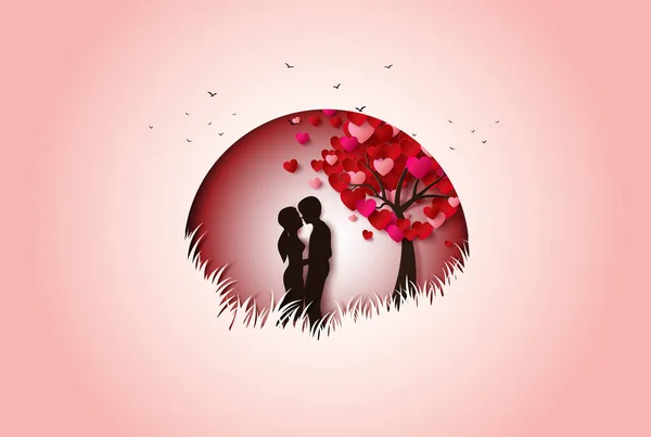 Illustration Der Liebe Und Valentinstag Mit Liebhaber Küssen Papierkunst Und — Stockvektor