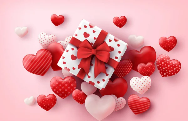 Happy Valentine Day Banner Gift Box Hearts Balloons Vector Illustration — Stock Vector