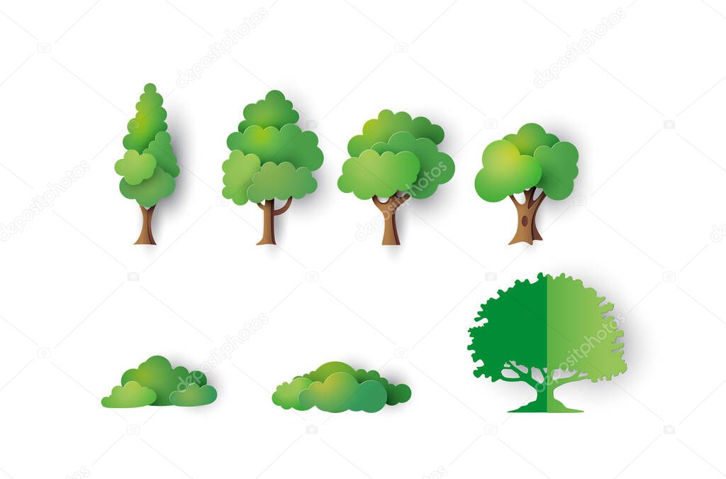 Set of paper cut trees on white background.
