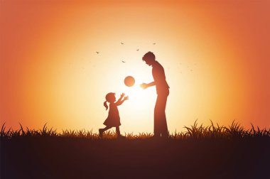 Babalar Günün kutlu olsun. Baba ve kızı gün batımıyla dışarıda oynuyorlar.