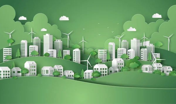 Eco Concept Green Power City Paper Cut Vector Illustration — Stock Vector