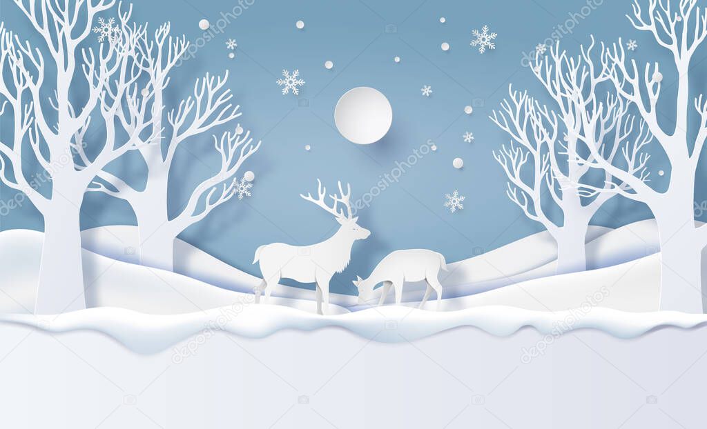 Deer in forest with snow.vector paper art style.