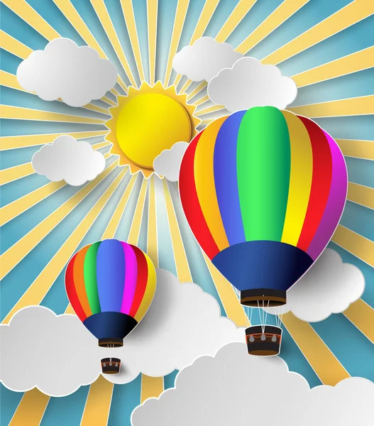 Αερόστατο ζεστού αέρα με υψηλή στον ουρανό με το φως του ήλιου — Διανυσματικό Αρχείο