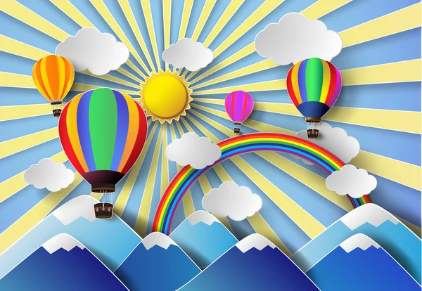 Vector illustratie zonlicht op wolk met hete luchtballon. — Stockvector