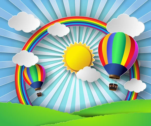 Vector illustration sunlight on cloud with hot air balloon. — Stock Vector