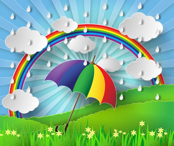 虹の雨の中でカラフルな傘. — ストックベクタ