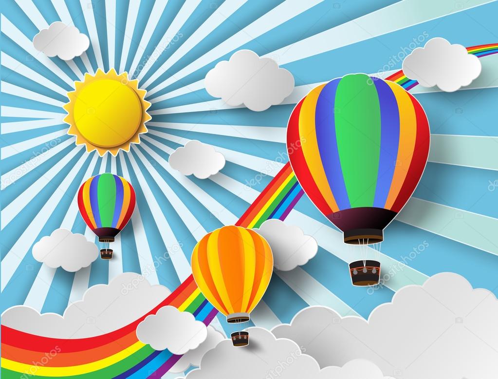 Vector illustration sunlight on cloud with hot air balloon.