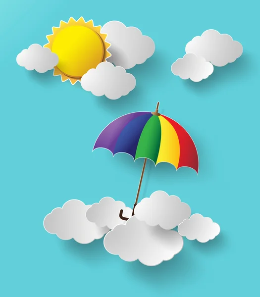 高い空を飛んでいるカラフルな傘 — ストックベクタ