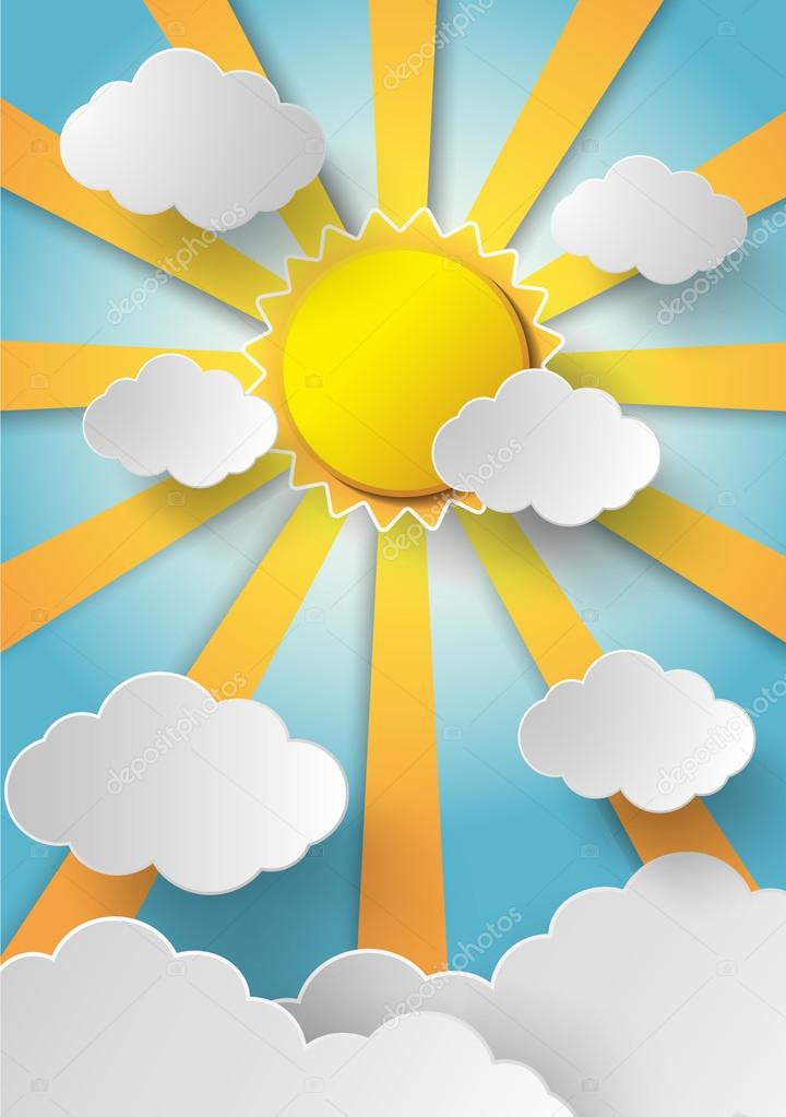 Vector sun with clouds background.