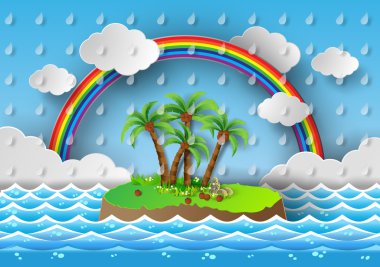Tropikal Palmiye Adası Deniz ve rainbow.vector çizim ile
