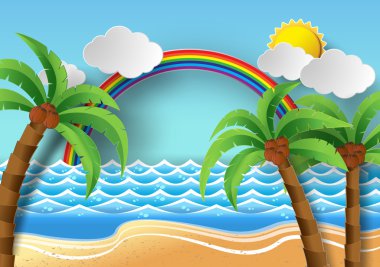 Hindistan cevizi ağaçları plaj ve güneş rainbow.vector illustrat ile