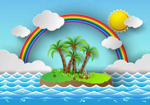Palma tropical en la isla con el mar y el arco iris. Ilustración vector — Archivo Imágenes Vectoriales