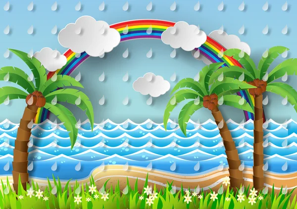 Cocos en la playa y sol wiht rainbow.vector illustrat — Archivo Imágenes Vectoriales