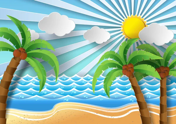 Alberi di cocco sulla spiaggia e sole shining.vector illustrazione . — Vettoriale Stock