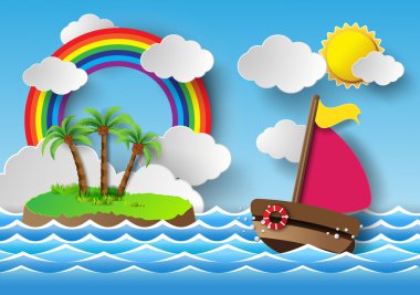 Yelkenli tekne ve rainbow ile bulut.