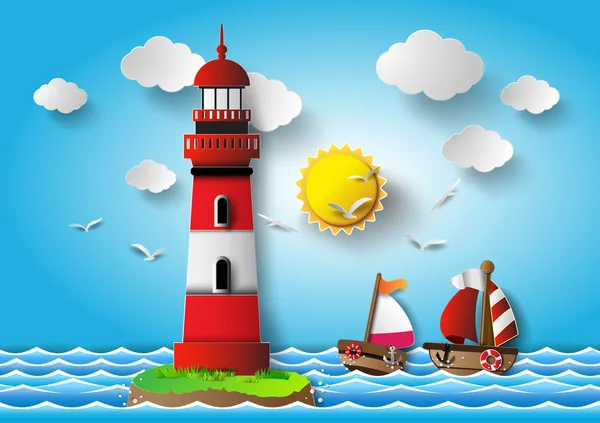 Farol de ilustração vetorial com paisagem marinha . — Vetor de Stock