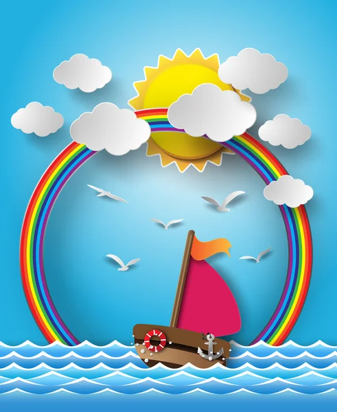 Zeilboot en cloud met regenboog. — Stockvector