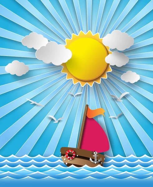 Segelboot und Wolken mit Sonnenstrahl. — Stockvektor