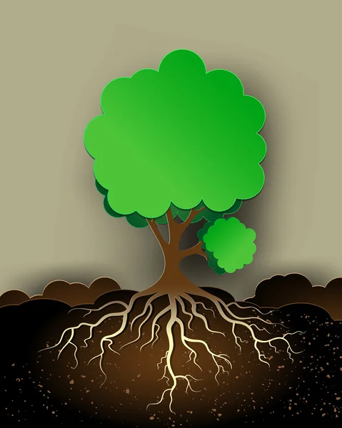 Baum Illustration mit grünen Blättern und Wurzeln — Stockvektor