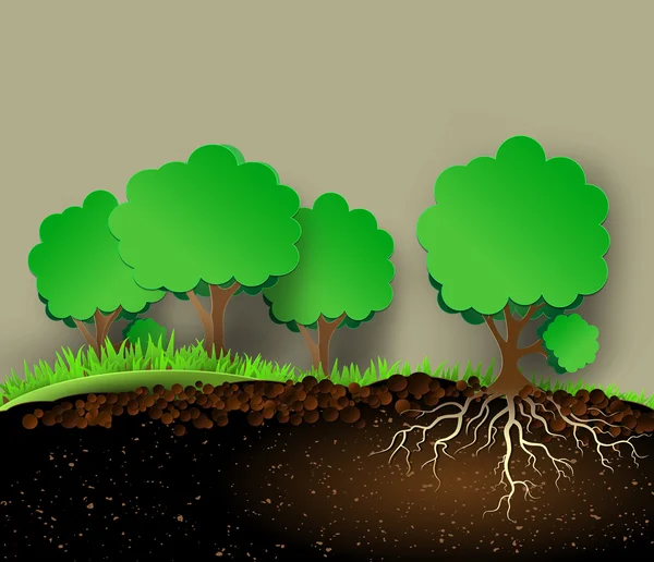 Baum Illustration mit grünen Blättern und Wurzeln — Stockvektor