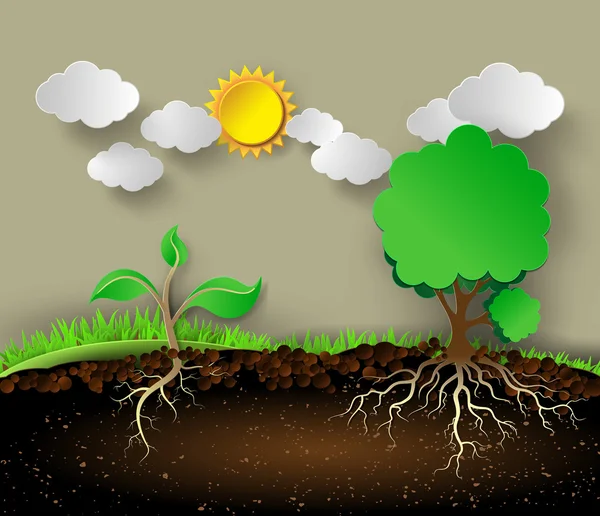 Illustration d'arbre avec feuilles et racines vertes . — Image vectorielle
