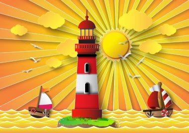 Vektör çizim feneri deniz manzarası ile