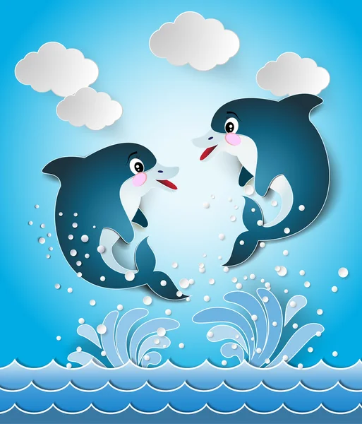 Obrázek delfínů v seascape řez styl. — Stockový vektor