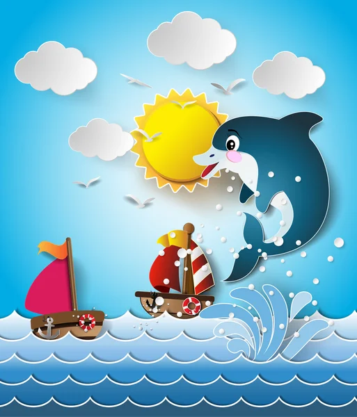 A delfinek a tenger, a napfény illusztrációja. — Stock Vector