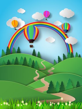 Sıcak hava balonu gökkuşağı gökyüzü yüksek. Vektör çizim
