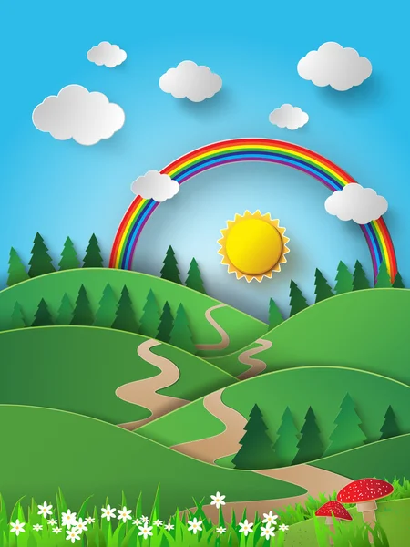 Rainbow and sunshine over mountian — Stock Vector