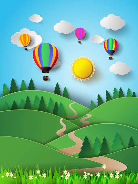 Hete luchtballon hoog in de hemel met sunlight.vector illustratio — Stockvector