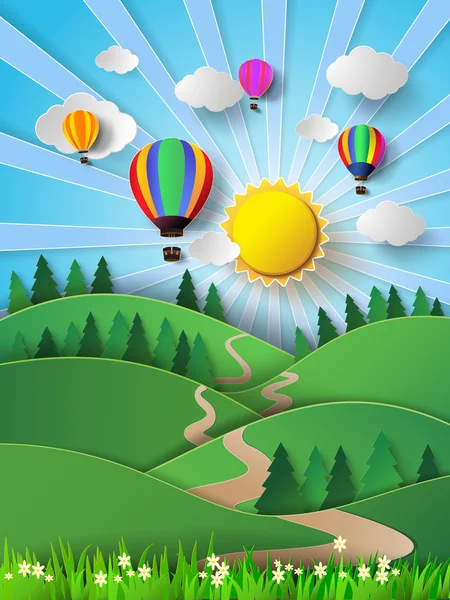 Vector illustratie zonlicht op wolk met hete luchtballon. — Stockvector