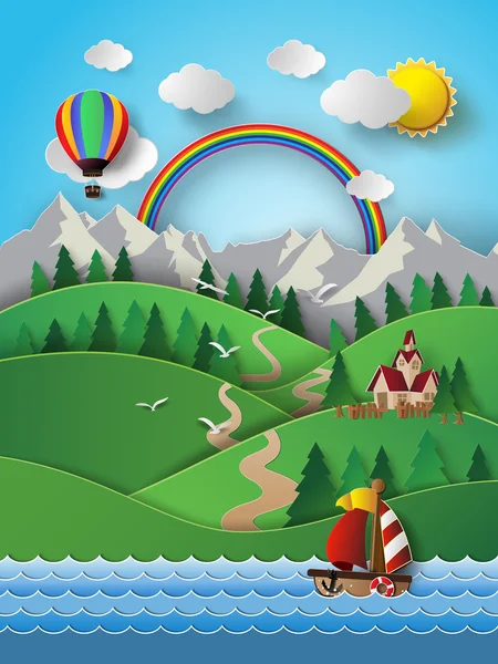 Sailing boat and cloud with rainbow. — Stock Vector