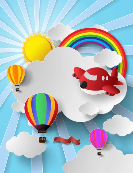 Luz solar na nuvem com balão de ar quente e avião — Vetor de Stock