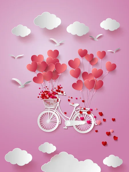 Greeting card with bike and air balloons in heart shape. — Stock Vector